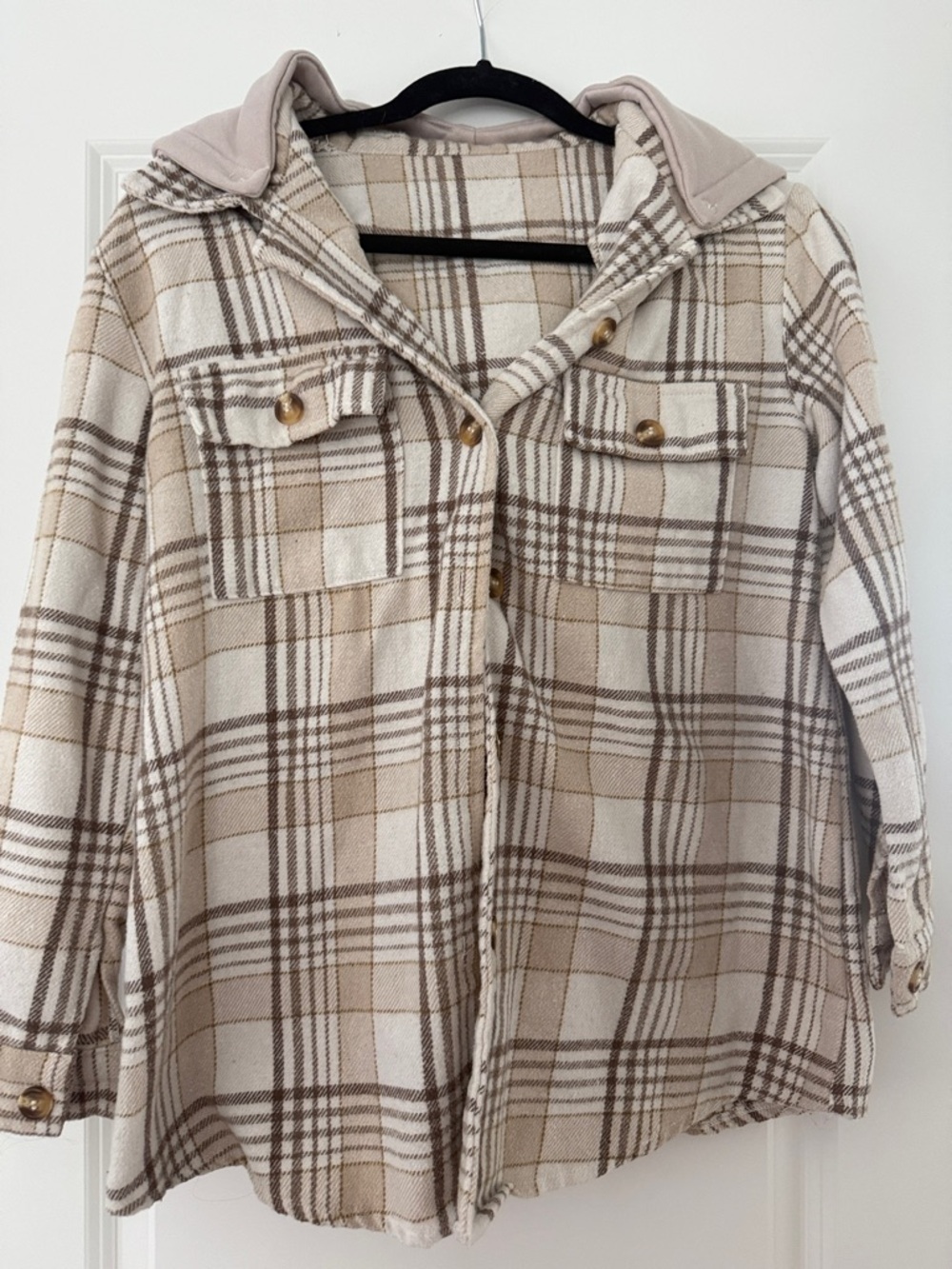 Women’s Plaid Hooded Shacket - Cream & Tan